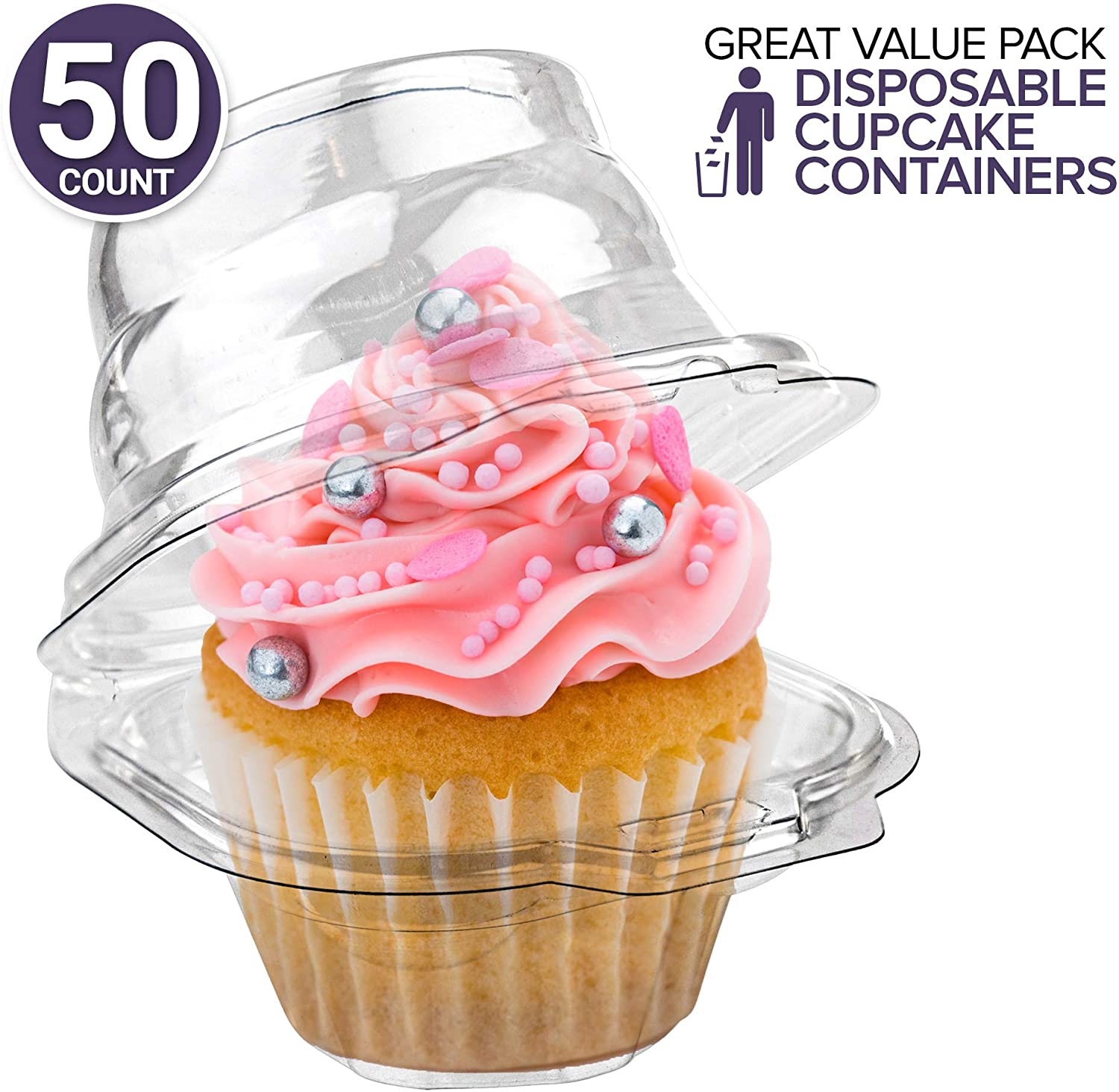 Single Plastic Cupcake Container with Connected Airtight Dome Lid - 50 ...